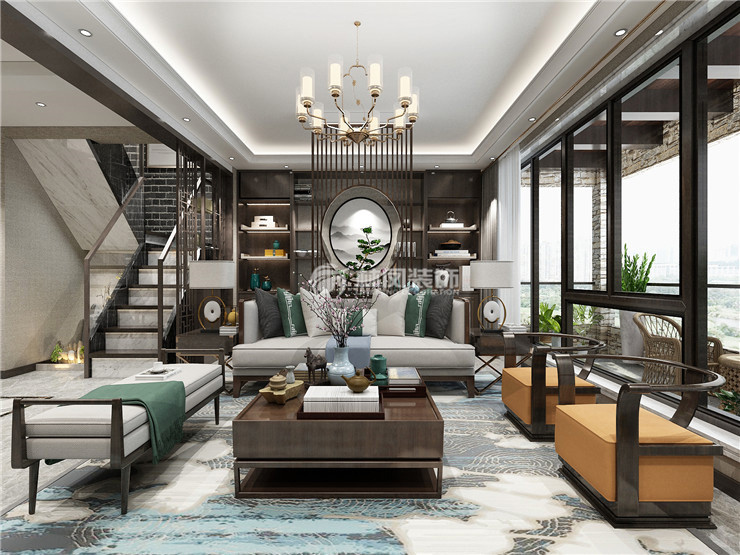 新中式風格客廳局部吊頂裝修效果圖